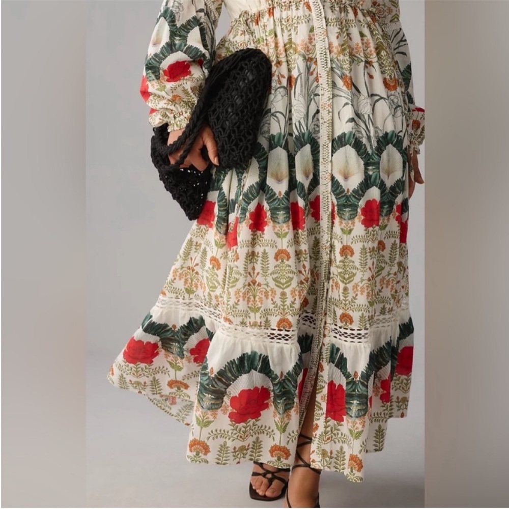 Anthropologie Boho Floral Tiered Maxi Dress in Cream with Red & Green Accents - Picture 6 of 10